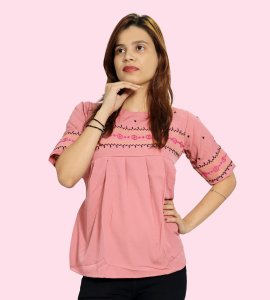 Two black parallel lines, pink flowers floral printed womens top (pink top) - Made up of Rayon for your plesant and cozy