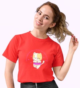 Song Of The Soul Red Round Neck Cotton Half Sleeved Women T-Shirt with Printed Graphics