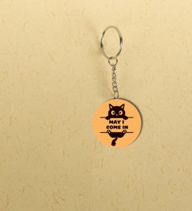 Charming Kitty Saying May I Come In Printed Round Keychain Pack of 2
