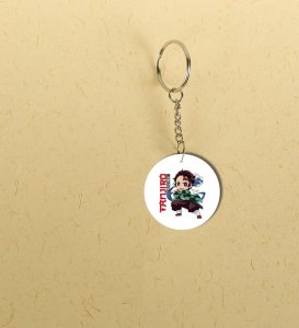 Energetic Anime Style Boy Warrior Printed Round Keychain Pack of 2