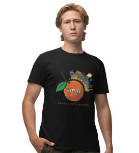 Orange City & Temple Tranquility: Nagpur's Divine Spirit Graphic Printed Black T-Shirt for Men