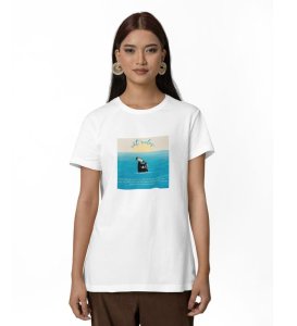 Blue Horizon: Cat Daydreaming Scene Graphic Printed White T-Shirt