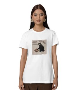 Curious Instinct: Cat with Button Graphic Printed White T-Shirt