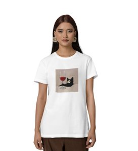 Refined Rebellion: Feline Wine Moment Graphic Printed White T-Shirt