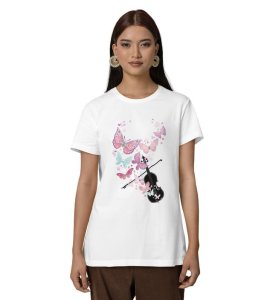 Wings of Melody: Elegant Violin and Butterflies Graphic Printed Black T-Shirt